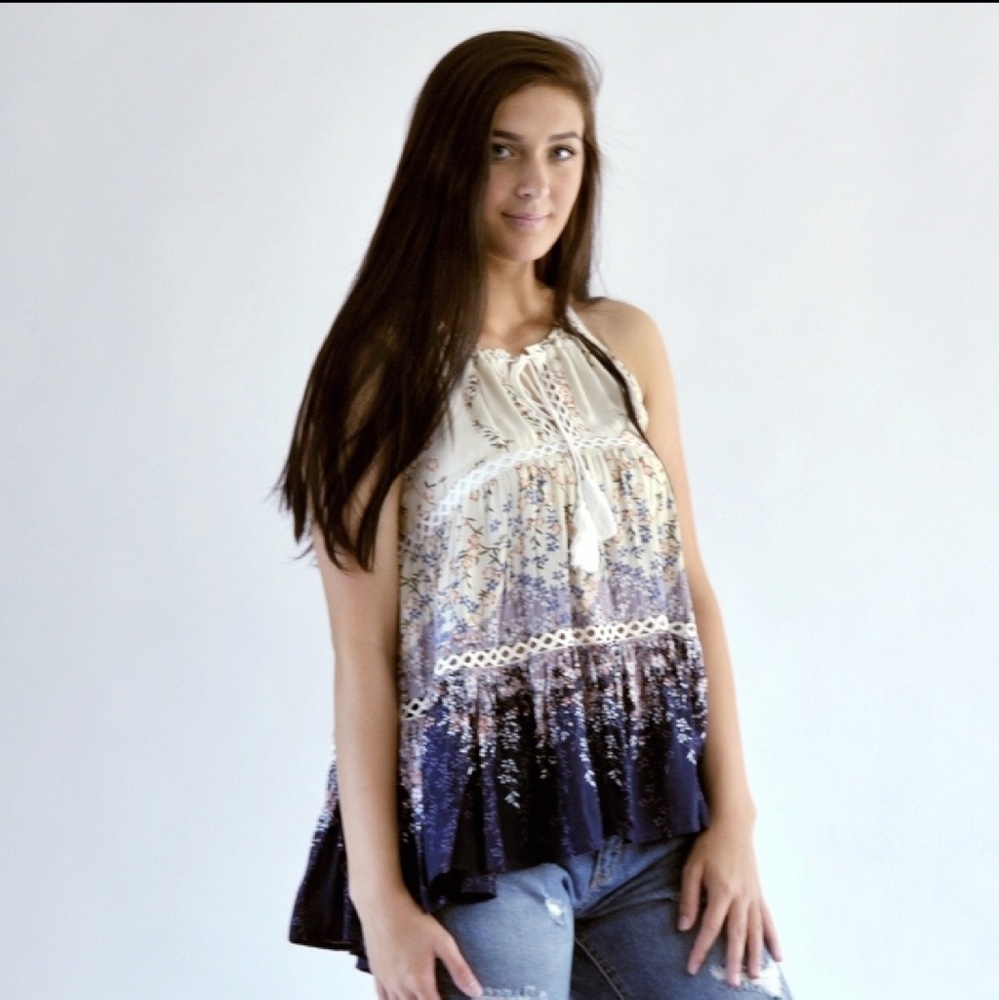 DOVE Peasant Top Floral Print Lace Sleeveless Tiered High Low Hem Sm Md & Lg NWT